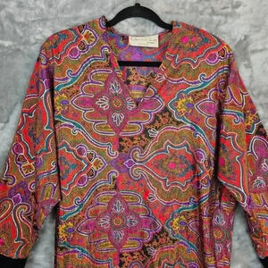 Vintage Oscar De La Renta Dress Womens L Rainbow Paisley Hippie Retro Statement